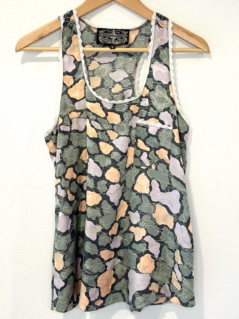 James Coviello Lace Trim Satin Tank Top Summer Boho Loungewear Size S